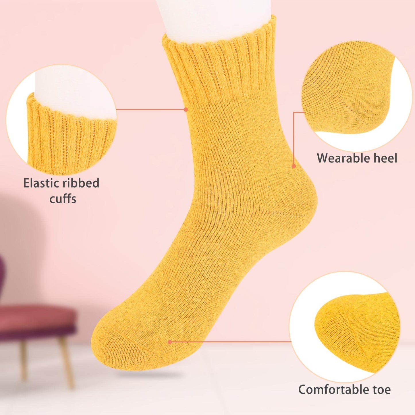 VoJoPi Wool Socks for Women, 5 Pairs Warm Winter Thermal Cozy Crew Boot Ladies Gifts Socks for Hiking Walking