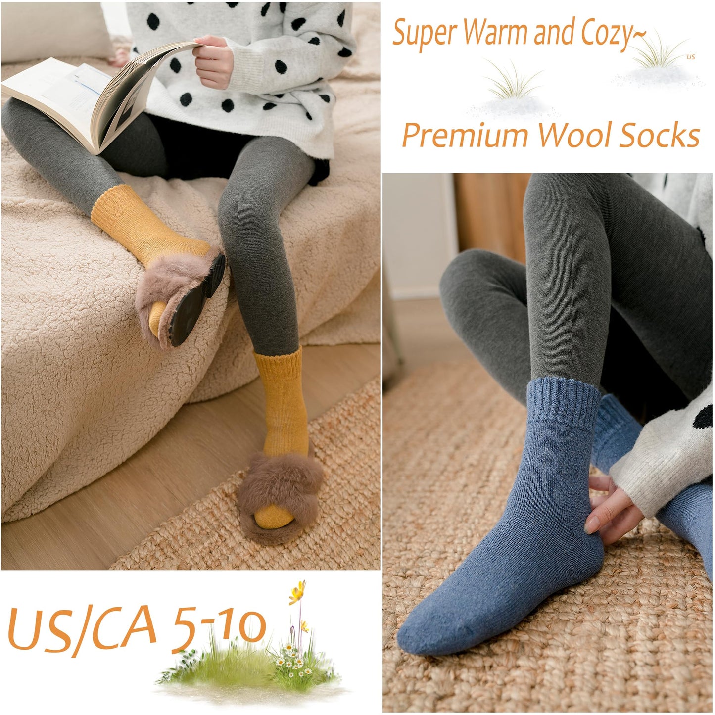 VoJoPi Wool Socks for Women, 5 Pairs Warm Winter Thermal Cozy Crew Boot Ladies Gifts Socks for Hiking Walking