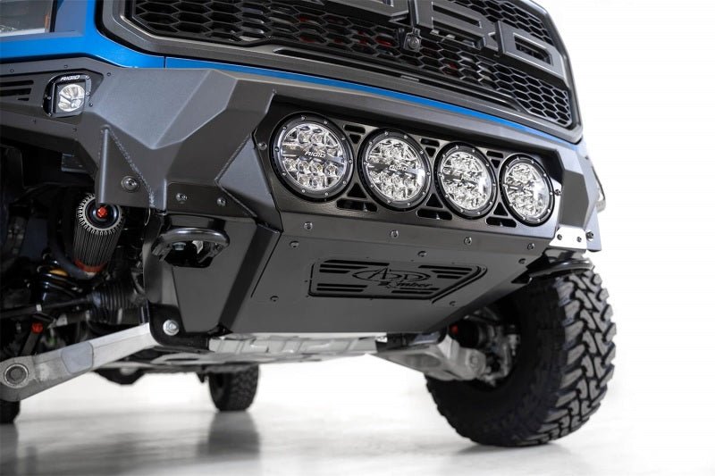 Addictive Desert Designs 17-20 Ford F-150 Raptor Bomber Front Bumper w/ 4 Rigid 360 6in Round Mounts - Crew Original