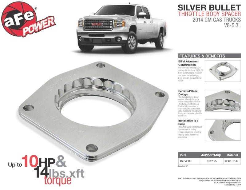 aFe Silver Bullet Throttle Body Spacers TBS 2014 GM Silverado/Sierra 1500 V8 5.3L - Crew Original