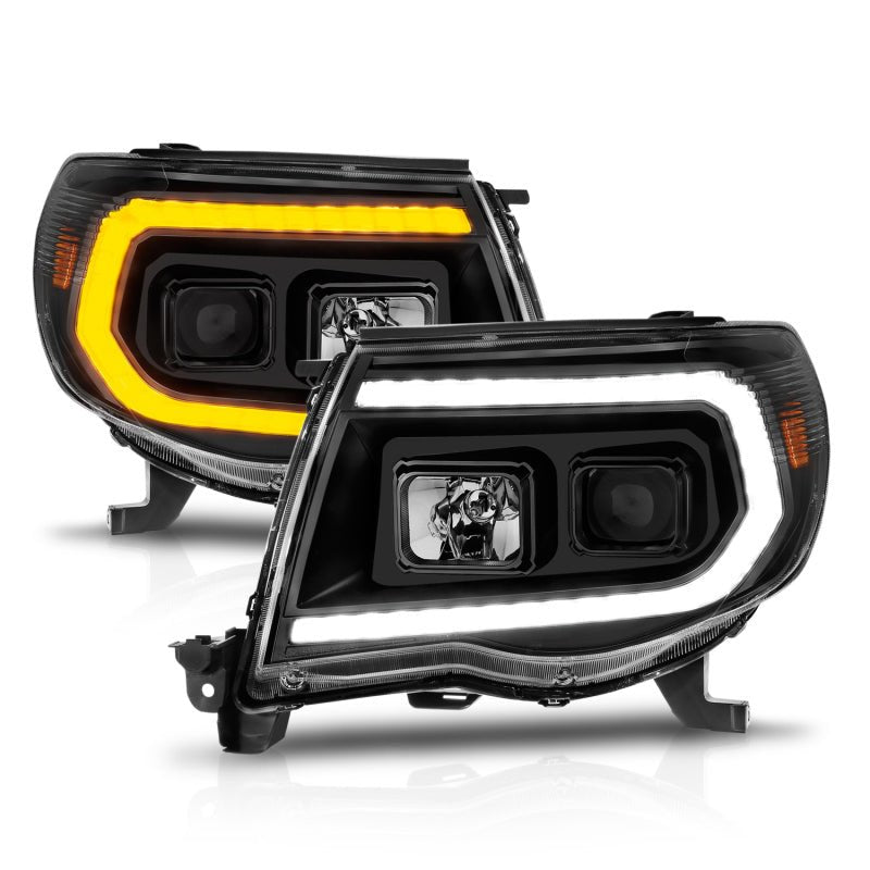 ANZO 05-11 Toyota Tacoma Projector Headlights w/Light Bar Switchback Black Housing - Crew Original