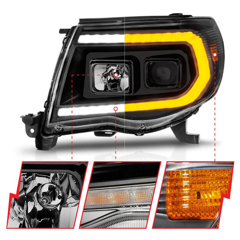 ANZO 05-11 Toyota Tacoma Projector Headlights w/Light Bar Switchback Black Housing - Crew Original