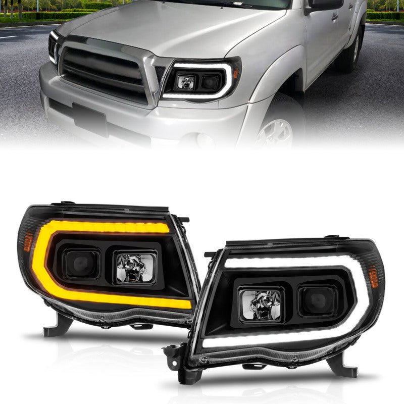 ANZO 05-11 Toyota Tacoma Projector Headlights w/Light Bar Switchback Black Housing - Crew Original