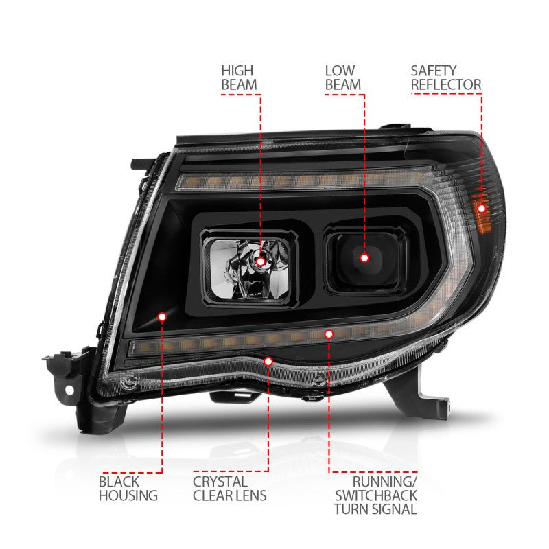 ANZO 05-11 Toyota Tacoma Projector Headlights w/Light Bar Switchback Black Housing - Crew Original