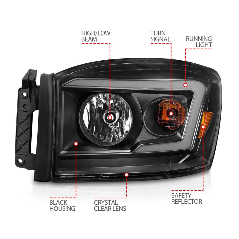 Anzo 06-09 Dodge RAM 1500/2500/3500 Headlights Black Housing/Clear Lens (w/ Light Bars) - Crew Original