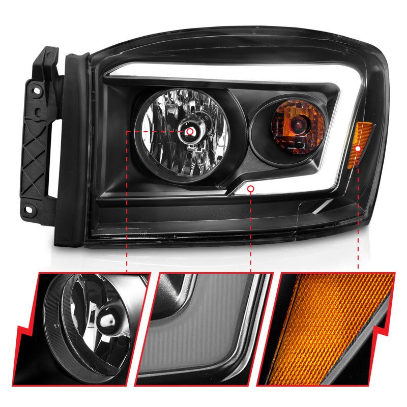 Anzo 06-09 Dodge RAM 1500/2500/3500 Headlights Black Housing/Clear Lens (w/ Light Bars) - Crew Original