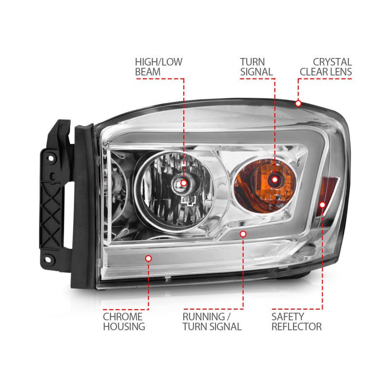 Anzo 06-09 Dodge RAM 1500/2500/3500 Headlights Chrome Housing/Clear Lens (w/ Light Bars) - Crew Original