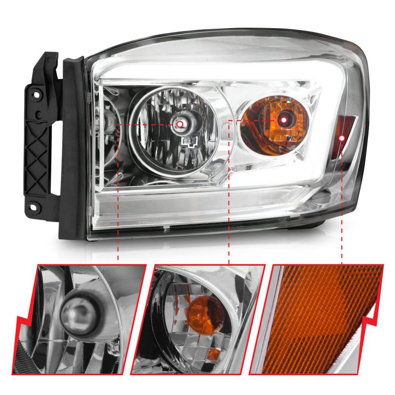 Anzo 06-09 Dodge RAM 1500/2500/3500 Headlights Chrome Housing/Clear Lens (w/ Light Bars) - Crew Original