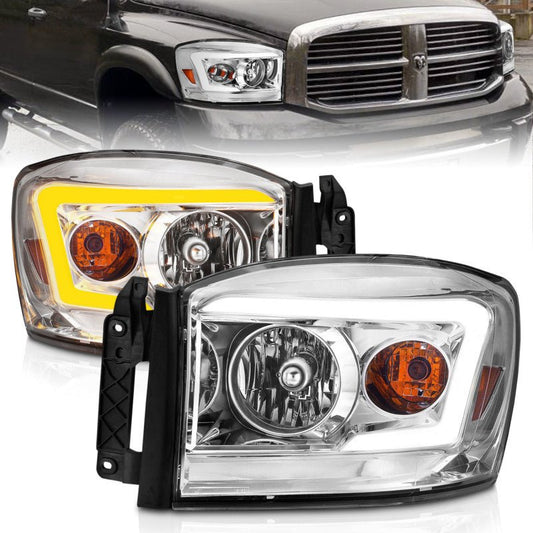 Anzo 06-09 Dodge RAM 1500/2500/3500 Headlights Chrome Housing/Clear Lens (w/Switchback Light Bars) - Crew Original