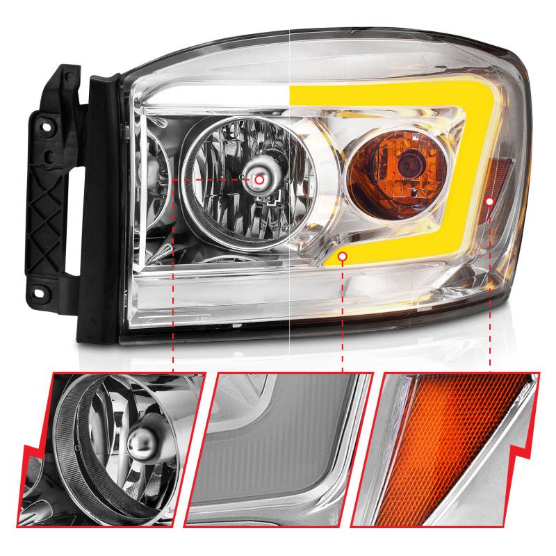 Anzo 06-09 Dodge RAM 1500/2500/3500 Headlights Chrome Housing/Clear Lens (w/Switchback Light Bars) - Crew Original