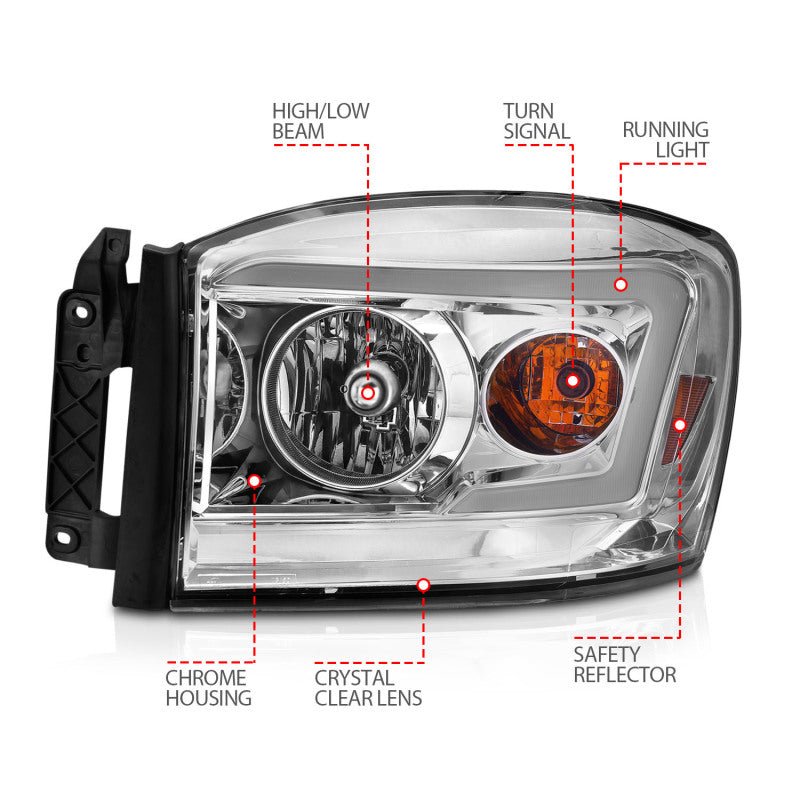 Anzo 06-09 Dodge RAM 1500/2500/3500 Headlights Chrome Housing/Clear Lens (w/Switchback Light Bars) - Crew Original