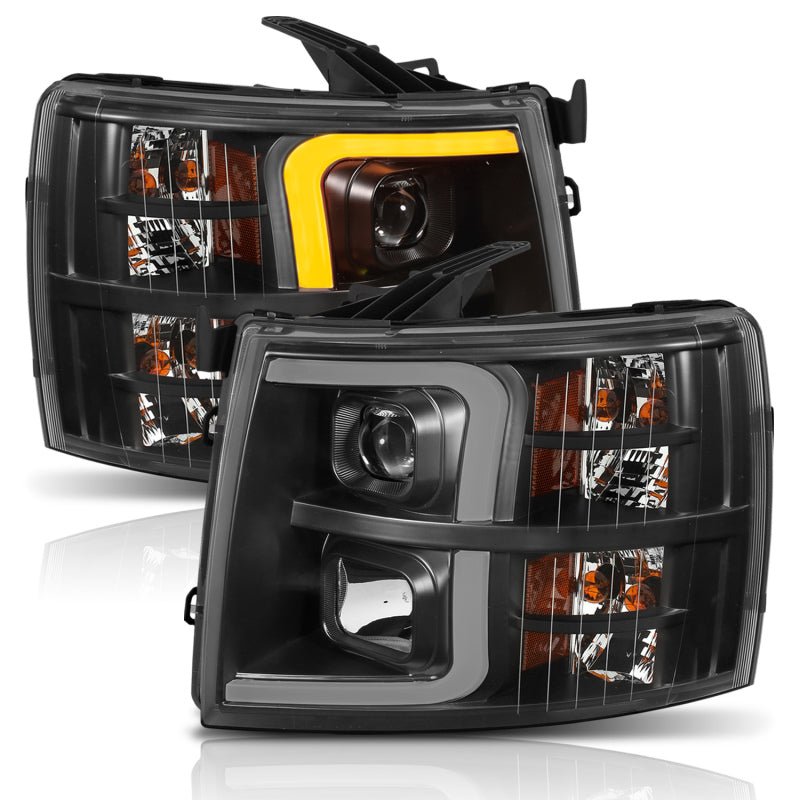 ANZO 07-13 Chevrolet Silverado 1500 Plank Style Projector Headlights Black w/ Amber - Crew Original