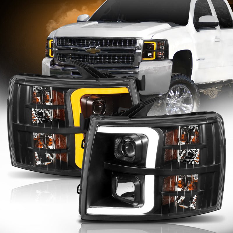 ANZO 07-13 Chevrolet Silverado 1500 Plank Style Projector Headlights Black w/ Amber - Crew Original