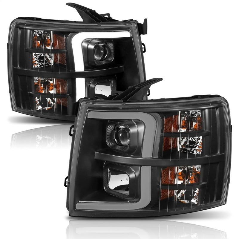 ANZO 07-13 Chevrolet Silverado 1500 Plank Style Projector Headlights Black w/ Amber - Crew Original