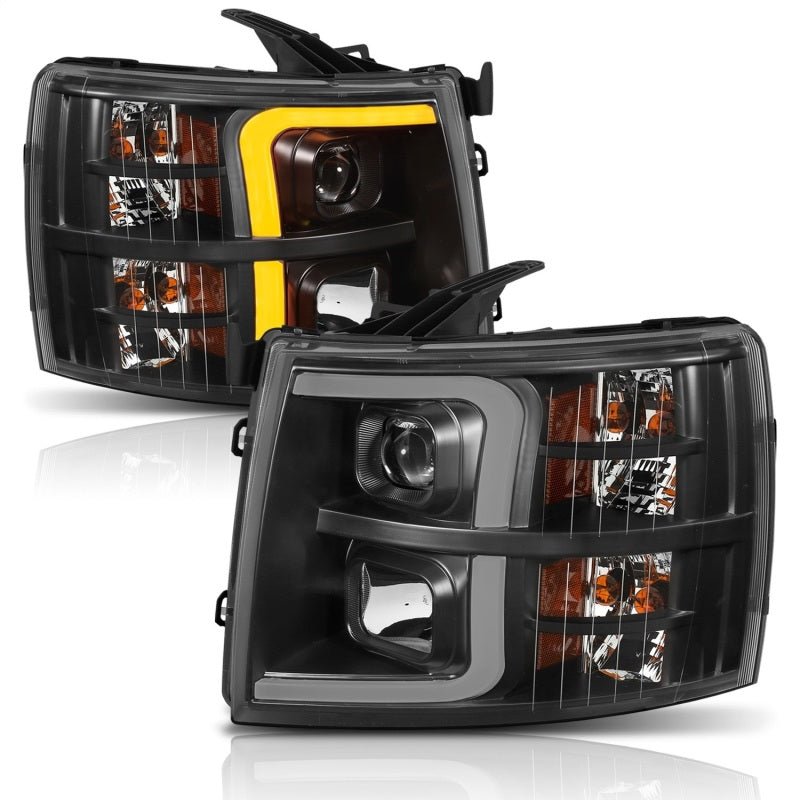 ANZO 07-13 Chevrolet Silverado 1500 Plank Style Projector Headlights Black w/ Amber - Crew Original