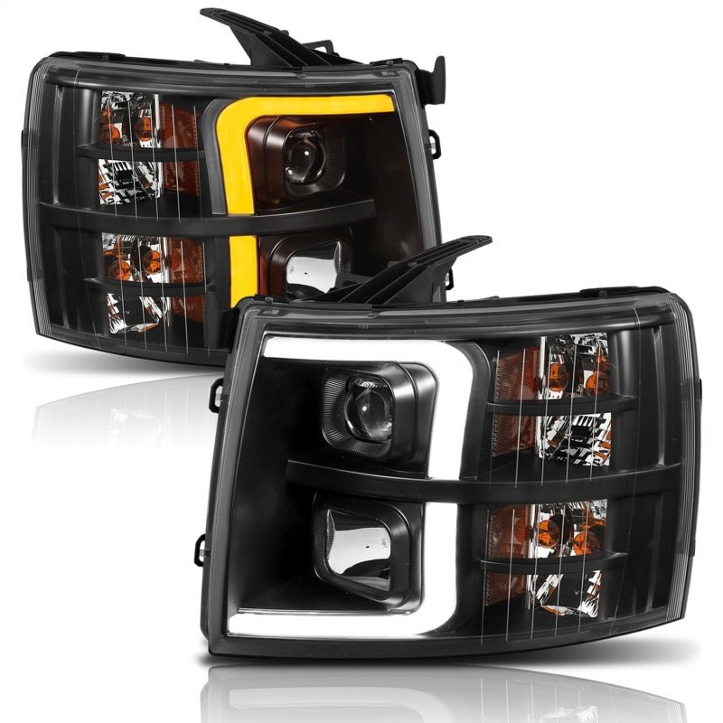 ANZO 07-13 Chevrolet Silverado 1500 Plank Style Projector Headlights Black w/ Amber - Crew Original