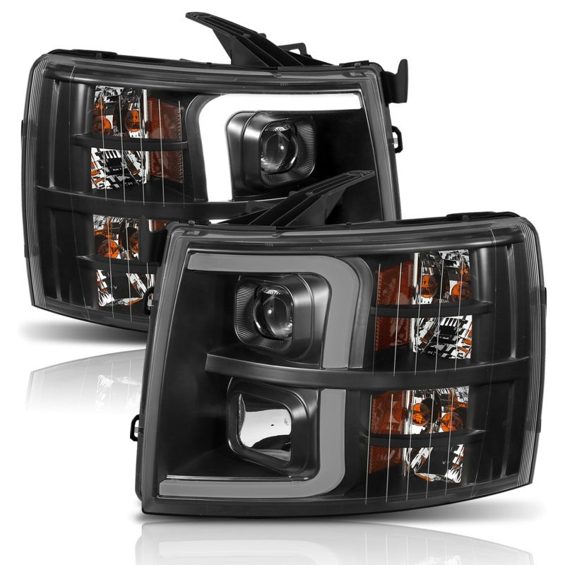 ANZO 07-13 Chevrolet Silverado 1500 Plank Style Projector Headlights Black w/ Amber - Crew Original