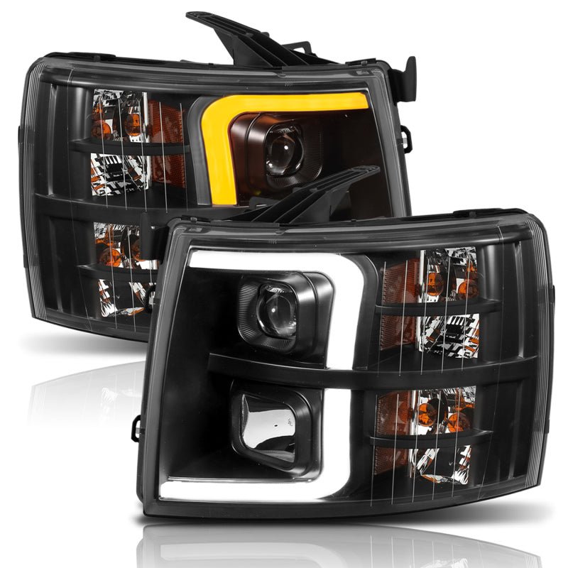 ANZO 07-13 Chevrolet Silverado 1500 Plank Style Projector Headlights Black w/ Amber - Crew Original