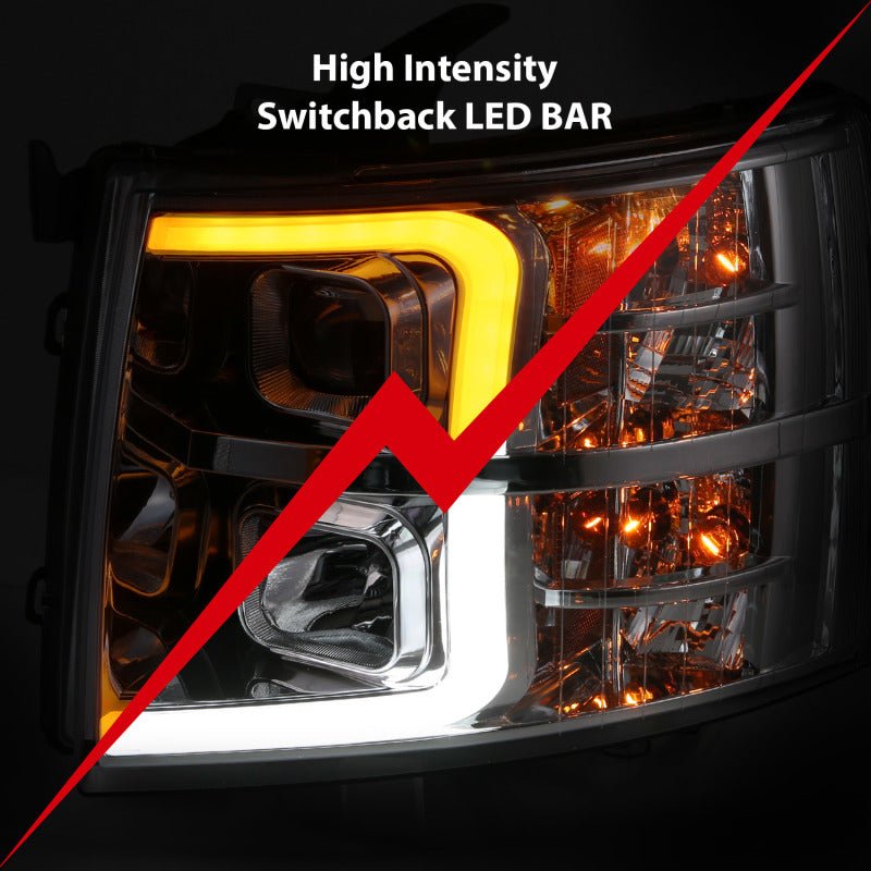 ANZO 07-13 Chevrolet Silverado 1500/2500/3500 Proj Headlights w/ Plank Style Switchback Chrome w/Amb - Crew Original