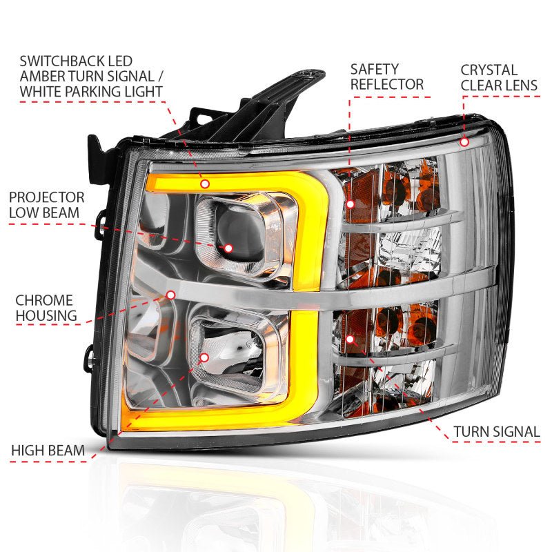 ANZO 07-13 Chevrolet Silverado 1500/2500/3500 Proj Headlights w/ Plank Style Switchback Chrome w/Amb - Crew Original