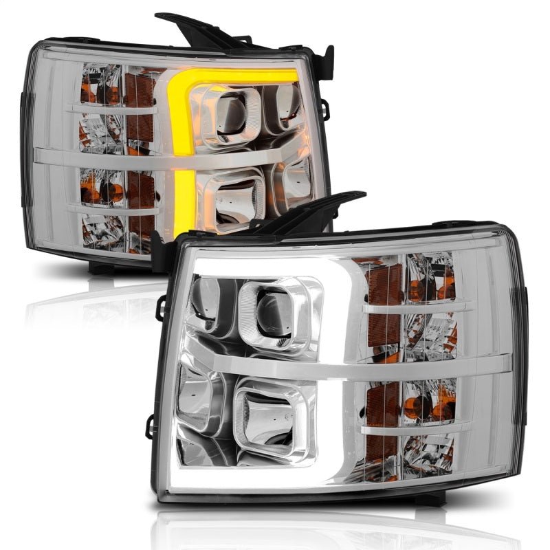 ANZO 07-13 Chevrolet Silverado 1500/2500/3500 Proj Headlights w/ Plank Style Switchback Chrome w/Amb - Crew Original