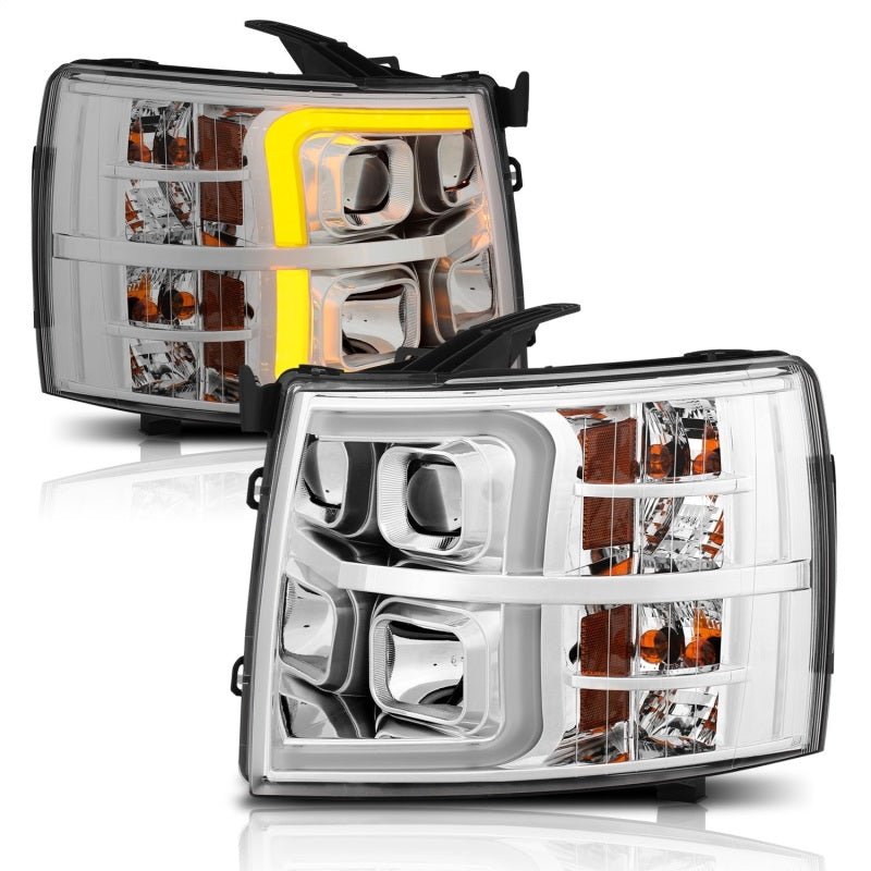 ANZO 07-13 Chevrolet Silverado 1500/2500/3500 Proj Headlights w/ Plank Style Switchback Chrome w/Amb - Crew Original