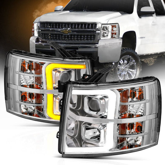 ANZO 07-13 Chevrolet Silverado 1500/2500/3500 Proj Headlights w/ Plank Style Switchback Chrome w/Amb - Crew Original