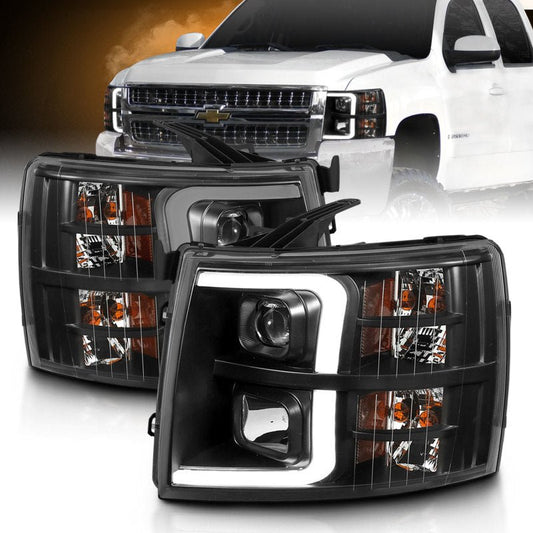 ANZO 07-13 Chevrolet Silverado 3500 Projector Headlights - Black Amber - Crew Original