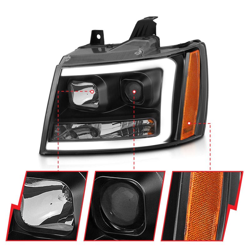 ANZO 07-14 Chevy Tahoe Projector Headlights w/ Plank Style Design Black w/ Amber - Crew Original