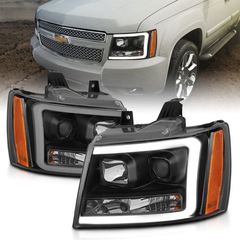 ANZO 07-14 Chevy Tahoe Projector Headlights w/ Plank Style Design Black w/ Amber - Crew Original