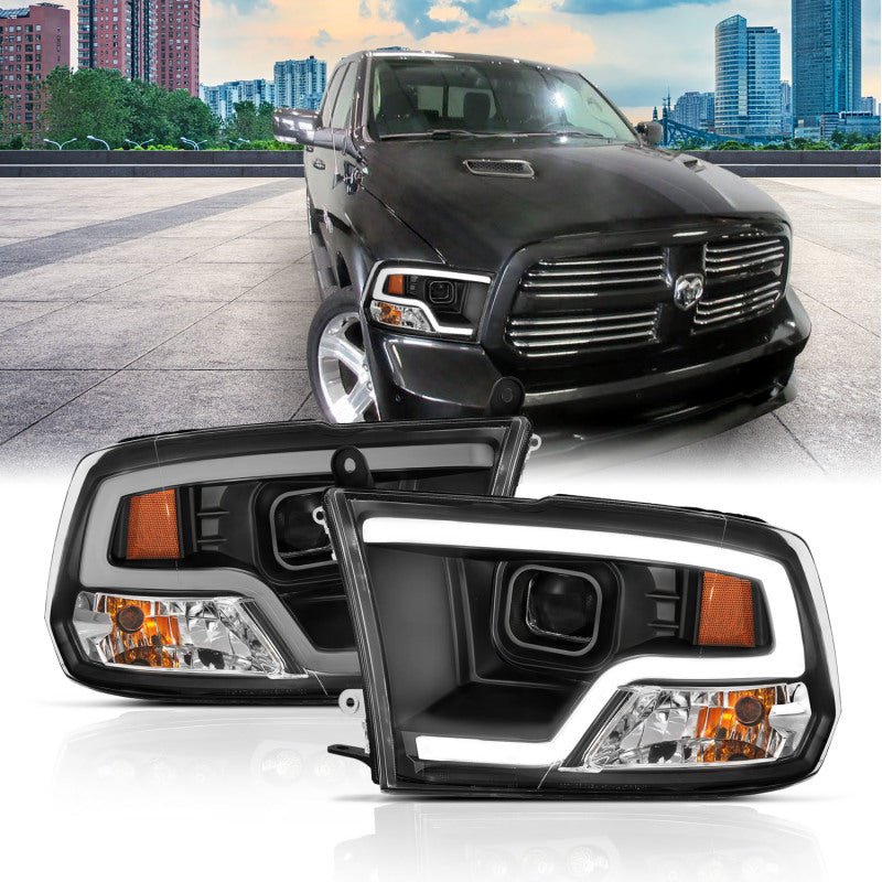 ANZO 09-18 Dodge Ram 1500 Plank Style Projector Headlights Black w/ Halo - Crew Original