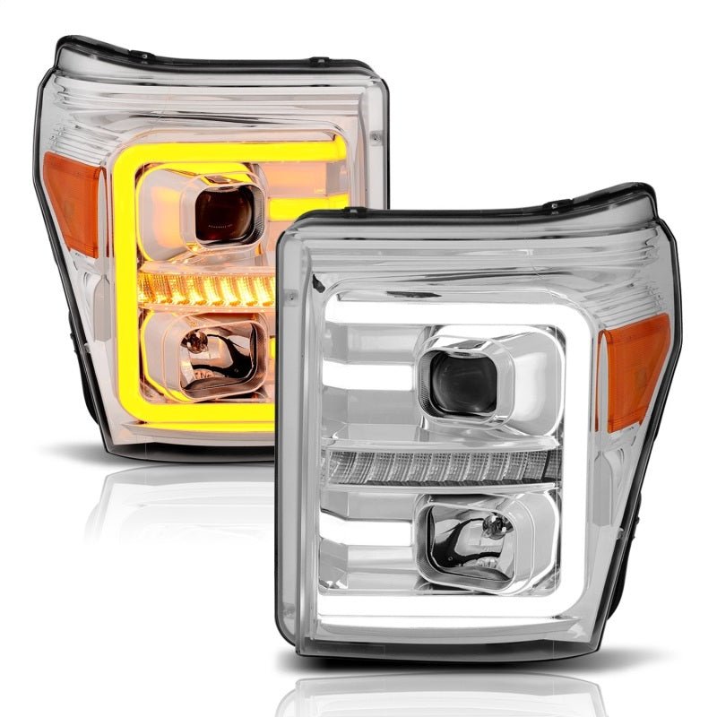 ANZO 11-16 Ford F-250/F-350/F-450 Projector Headlights w/ Plank Style Switchback Chrome w/Amber - Crew Original