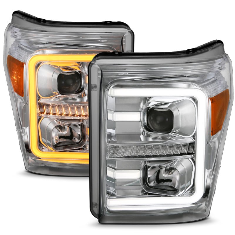 ANZO 11-16 Ford F-250/F-350/F-450 Projector Headlights w/ Plank Style Switchback Chrome w/Amber - Crew Original