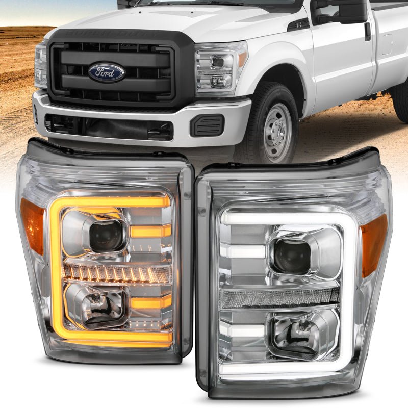 ANZO 11-16 Ford F-250/F-350/F-450 Projector Headlights w/ Plank Style Switchback Chrome w/Amber - Crew Original