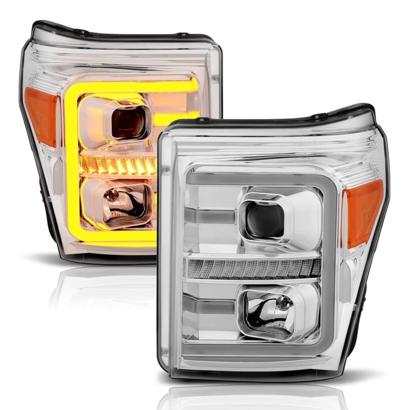 ANZO 11-16 Ford F-250/F-350/F-450 Projector Headlights w/ Plank Style Switchback Chrome w/Amber - Crew Original