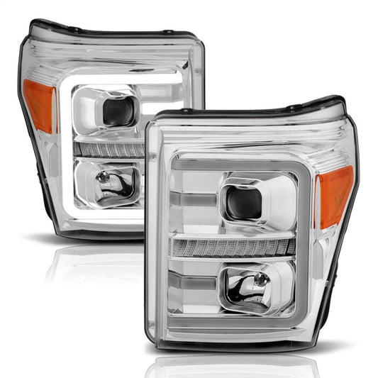 ANZO 11-16 Ford F-250/F-350/F-450 Projector Headlights w/ Plank Style Switchback Chrome w/Amber - Crew Original