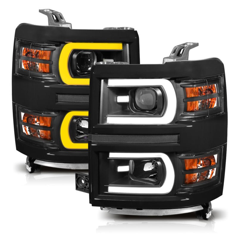 ANZO 14-15 Chevrolet Silverado 1500 Projector Headlights w/ Plank Style Switchback Black w/ Amber - Crew Original