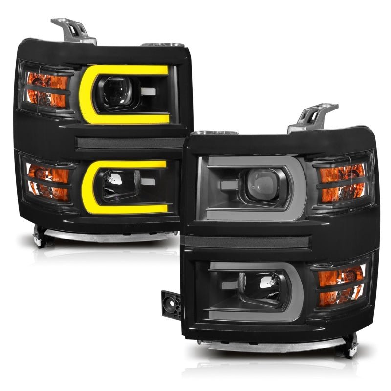 ANZO 14-15 Chevrolet Silverado 1500 Projector Headlights w/ Plank Style Switchback Black w/ Amber - Crew Original