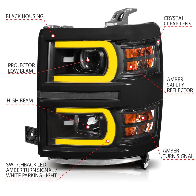 ANZO 14-15 Chevrolet Silverado 1500 Projector Headlights w/ Plank Style Switchback Black w/ Amber - Crew Original