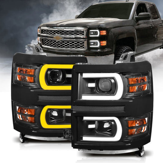 ANZO 14-15 Chevrolet Silverado 1500 Projector Headlights w/ Plank Style Switchback Black w/ Amber - Crew Original