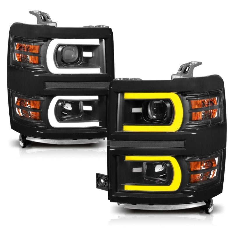 ANZO 14-15 Chevrolet Silverado 1500 Projector Headlights w/ Plank Style Switchback Black w/ Amber - Crew Original