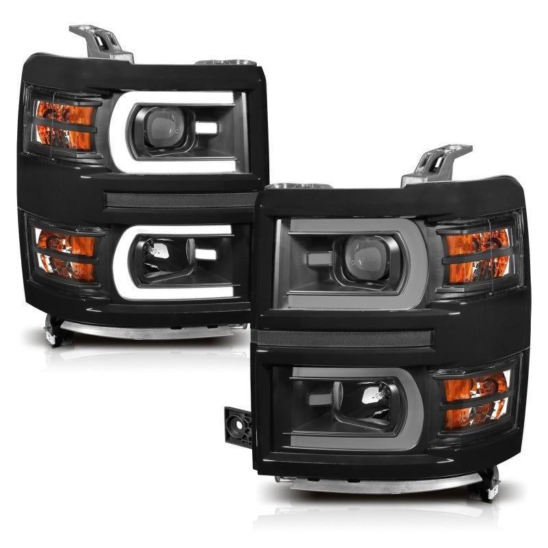 ANZO 14-15 Chevrolet Silverado 1500 Projector Headlights w/ Plank Style Switchback Black w/ Amber - Crew Original