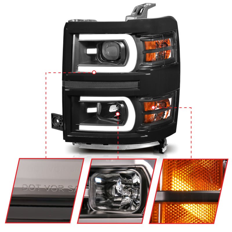 ANZO 14-15 Chevrolet Silverado 1500 Projector Headlights w/ Plank Style Switchback Black w/ Amber - Crew Original