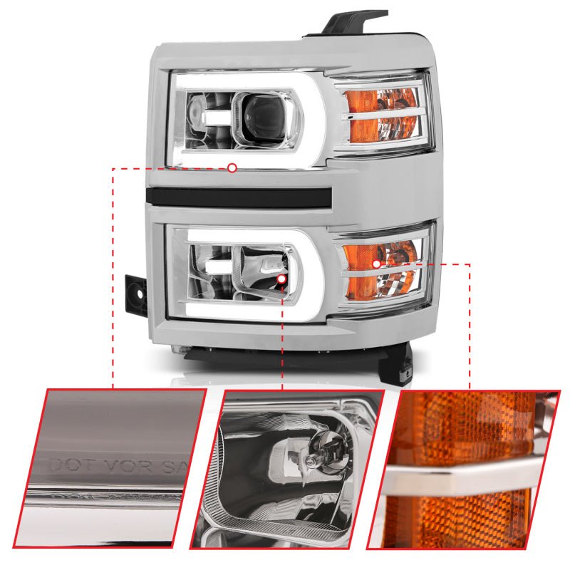 ANZO 14-15 Chevrolet Silverado 1500 Projector Headlights w/ Plank Style Switchback Chrome w/ Amber - Crew Original