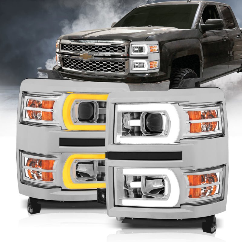 ANZO 14-15 Chevrolet Silverado 1500 Projector Headlights w/ Plank Style Switchback Chrome w/ Amber - Crew Original