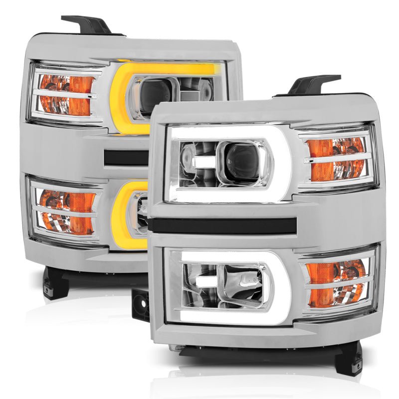 ANZO 14-15 Chevrolet Silverado 1500 Projector Headlights w/ Plank Style Switchback Chrome w/ Amber - Crew Original