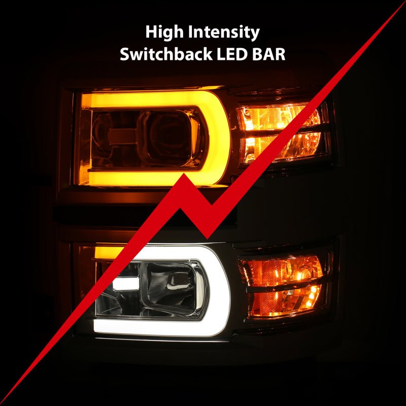 ANZO 14-15 Chevrolet Silverado 1500 Projector Headlights w/ Plank Style Switchback Chrome w/ Amber - Crew Original