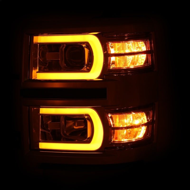 ANZO 14-15 Chevrolet Silverado 1500 Projector Headlights w/ Plank Style Switchback Chrome w/ Amber - Crew Original