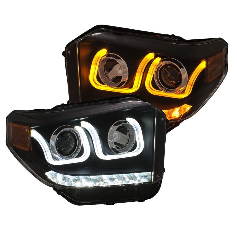 ANZO 14-18 Toyota Tundra w/ LED DRL Projector Headlights w/ U-Bar Switchback Black w/ DRL - Crew Original