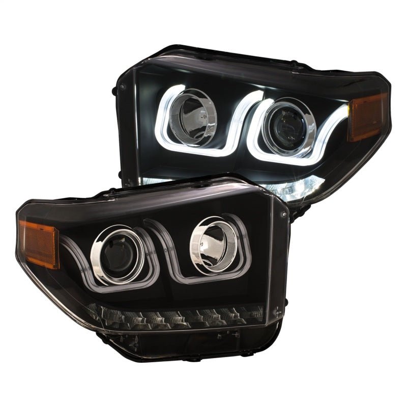 ANZO 14-18 Toyota Tundra w/ LED DRL Projector Headlights w/ U-Bar Switchback Black w/ DRL - Crew Original